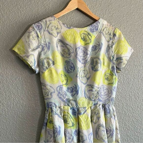 Mode O'Day True Vintage Dress Rose Print Yellow Blue Size Small Midi Union Made - Picture 3 of 8